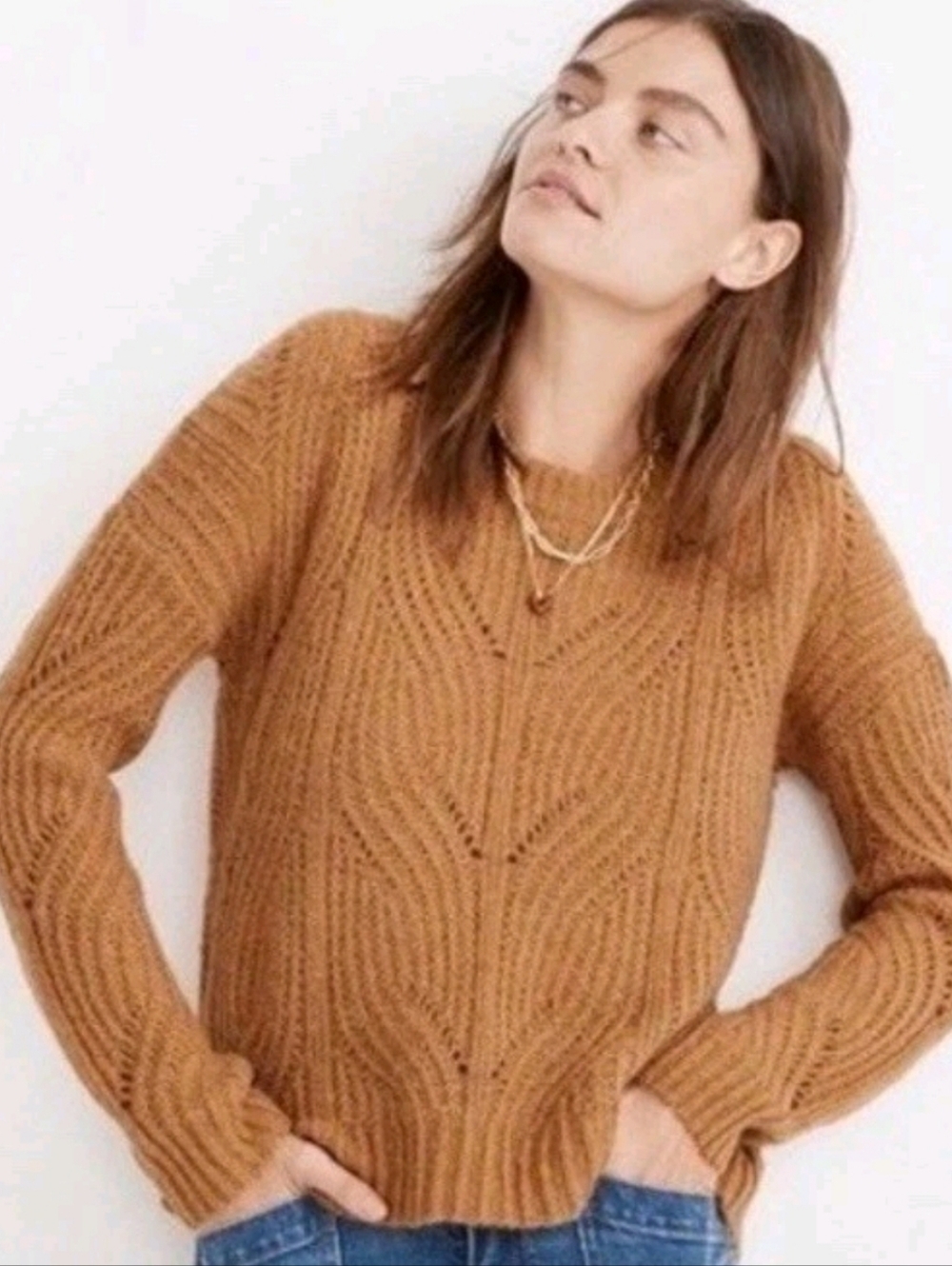 Madewell Charley Pullover Sweater Alpaca Blend Pointelle Knit Fuzzy Cozy Camel